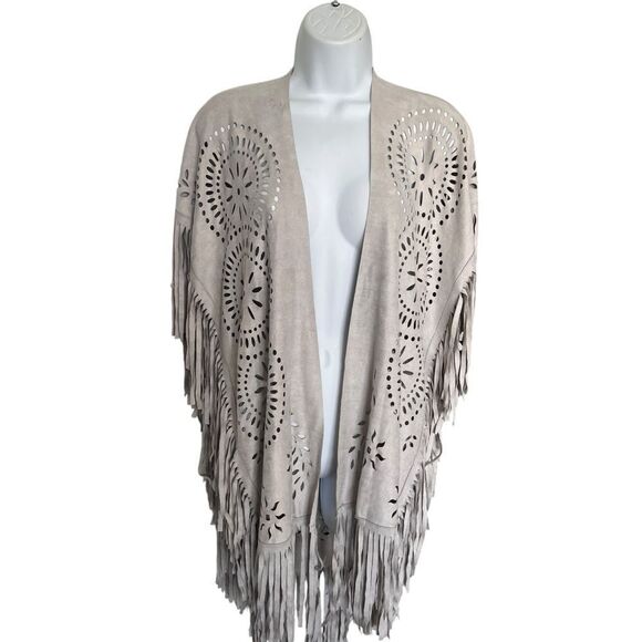 Bohemian Taupe Fringe Cardigan with Laser-Cut Design One Size - Picture 1 of 5